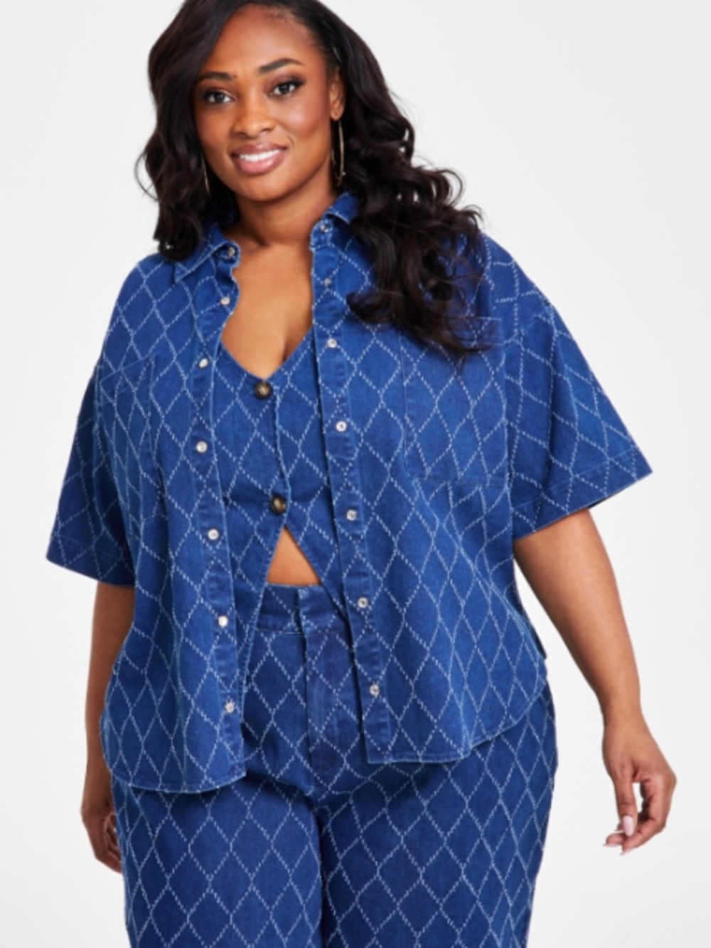 Nina Parker Plus Size 3X Diamond-Texture Denim Shirt NWT